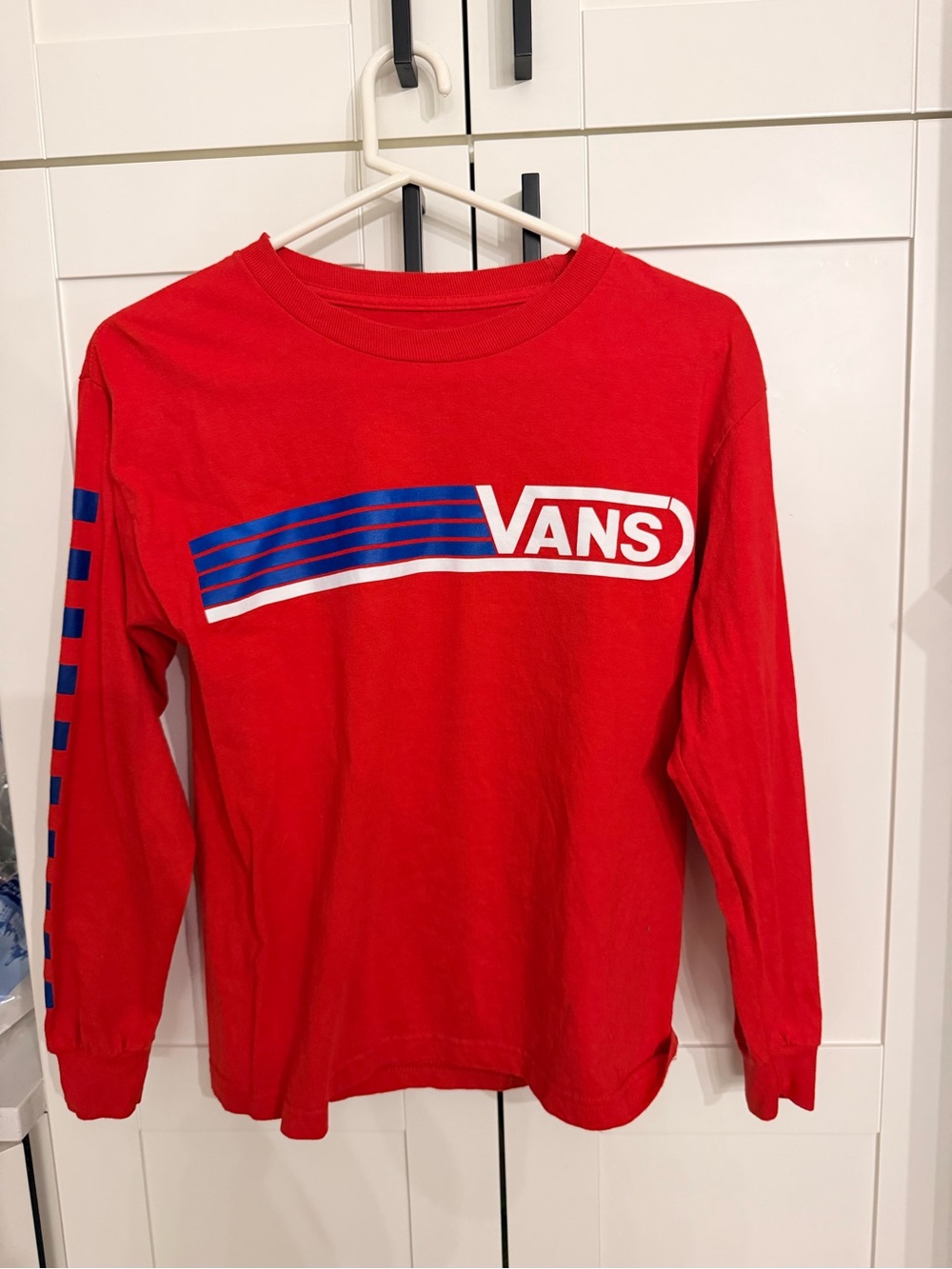Vans Red Long Sleeve Tee with Blue and White Logo